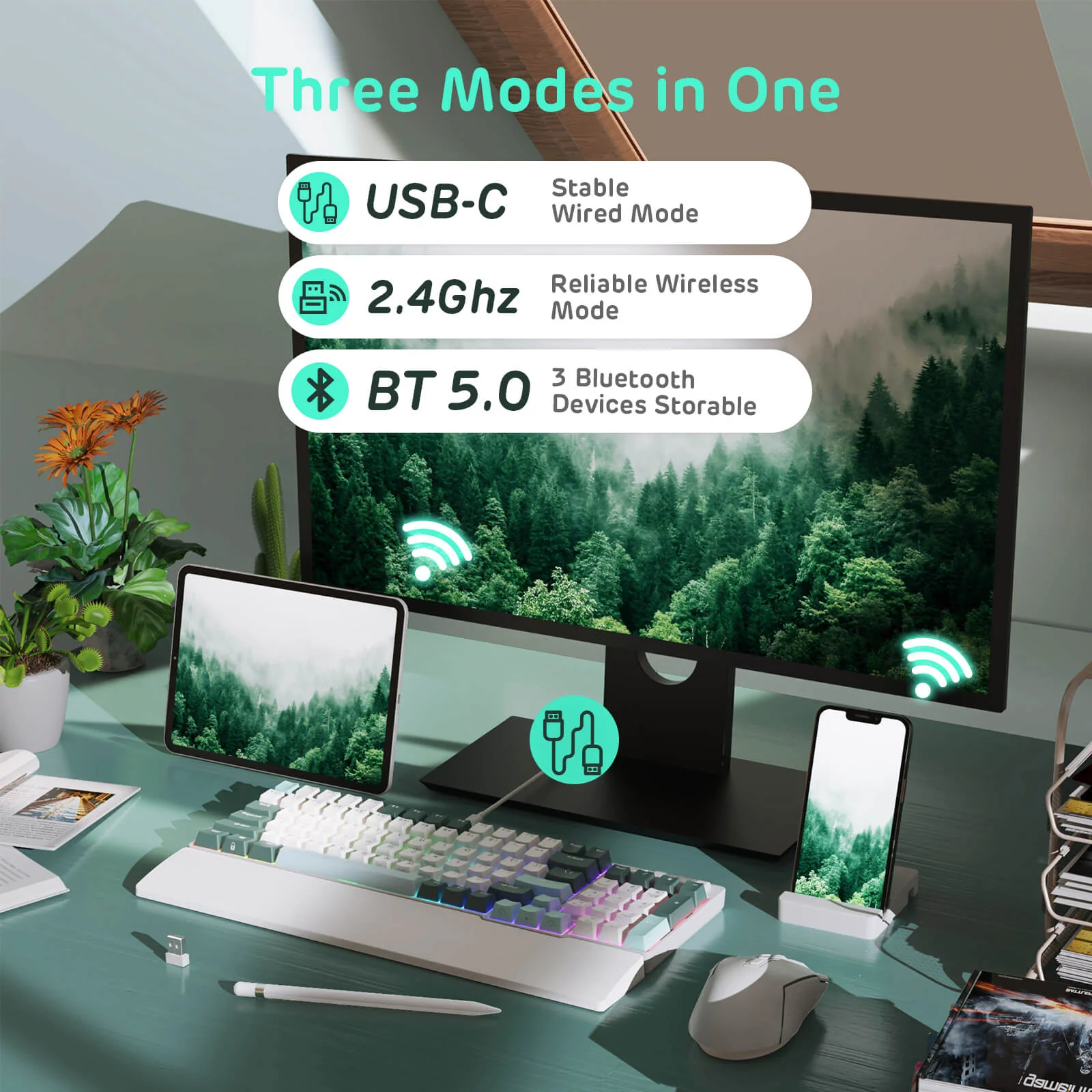 RK96 Wireless Hot-Swappable RGB Keyboard, Camp Green - Image 4