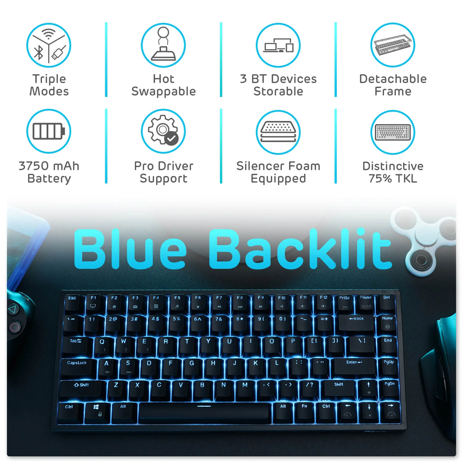RK84 75% Wireless Mechanical Keyboard, Blue Backlit - Image 9